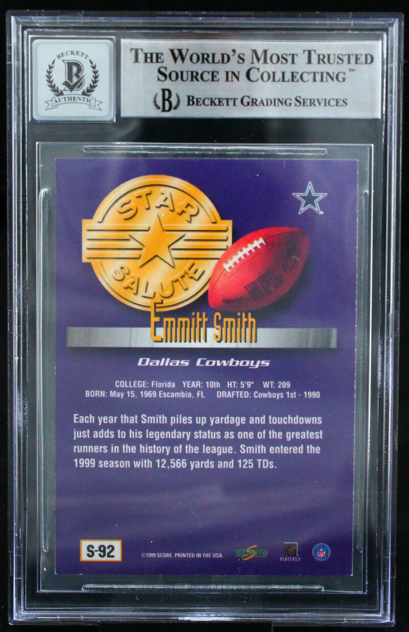 1999 Score Supplemental #S92 Emmitt Smith Dallas Cowboys BGS Autograph 10