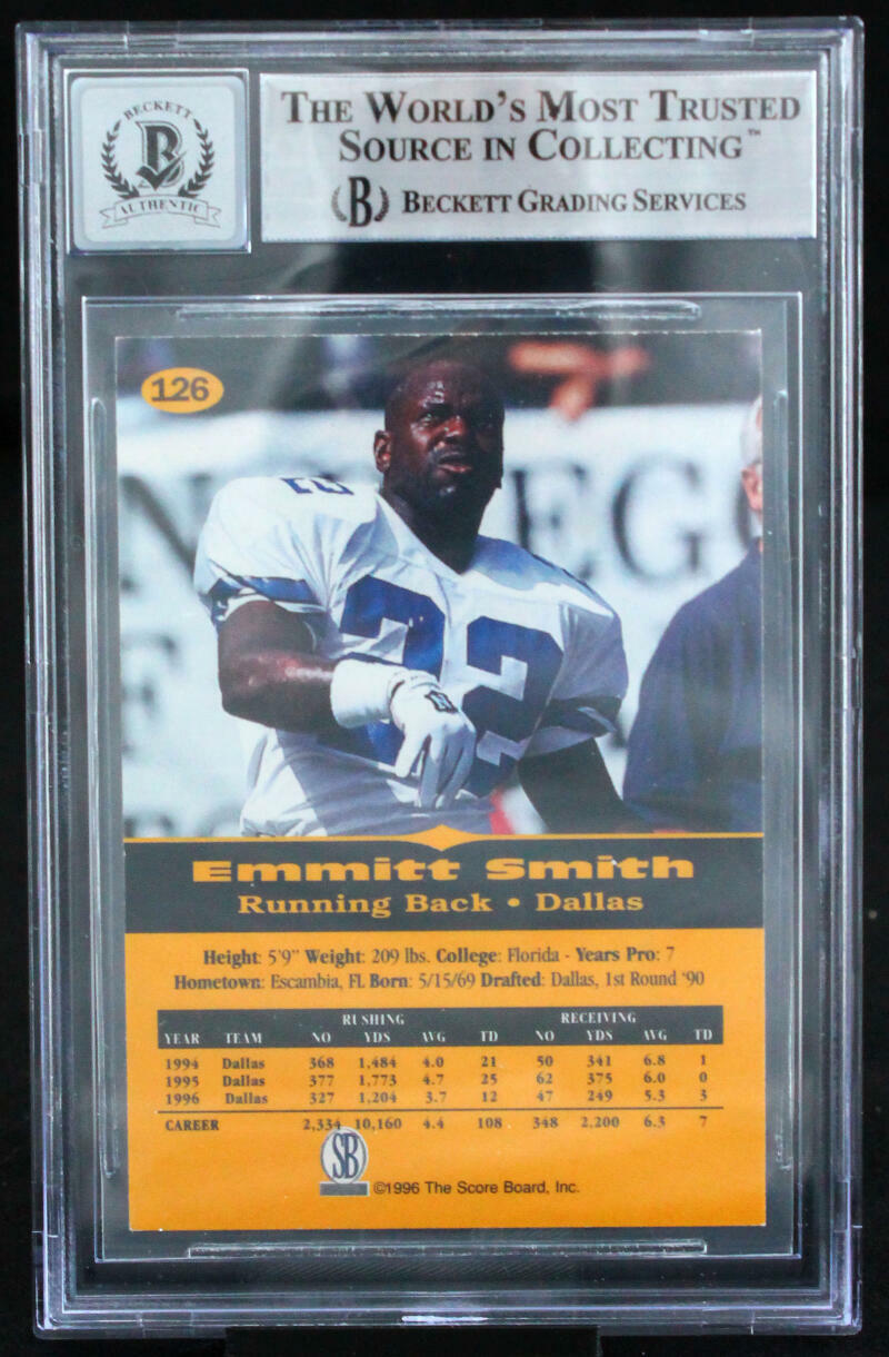 1996-97 Score Board All Sport PPF #126 Emmitt Smith Cowboys BGS Autograph 10