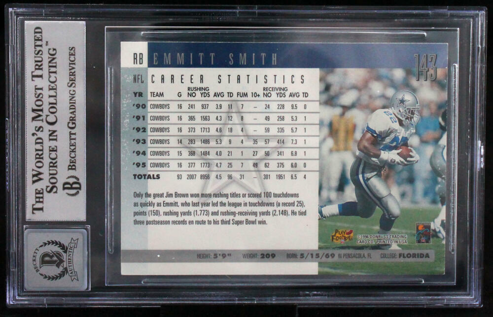 1996 Donruss #143 Emmitt Smith Dallas Cowboys BGS Autograph 10