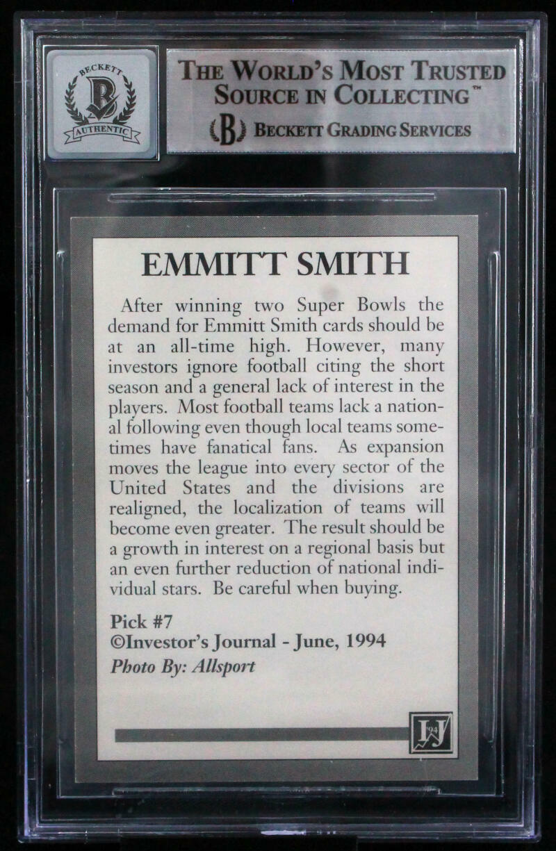 1994 Investor's Journal #7 Emmitt Smith Auto Dallas Cowboys BGS Autograph 10