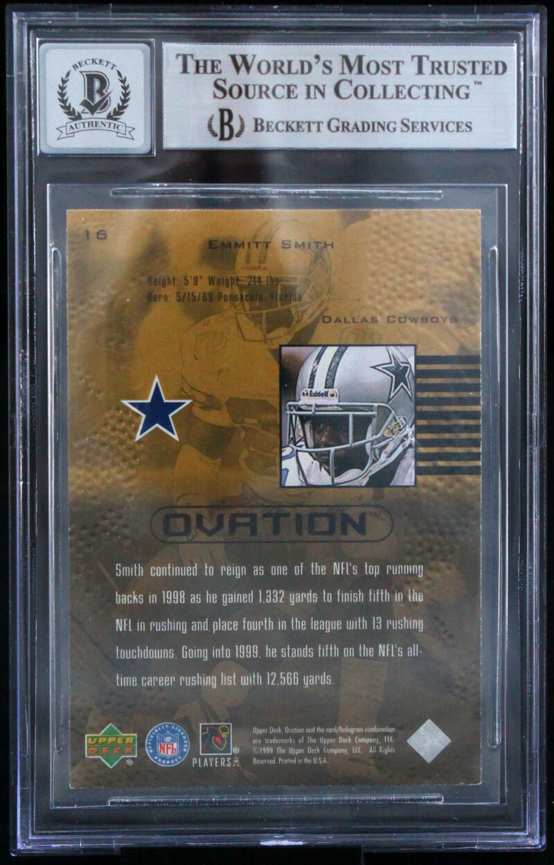 1999 Upper Back Ovation #16 Emmitt Smith Auto Dallas Cowboys BGS Autograph 10
