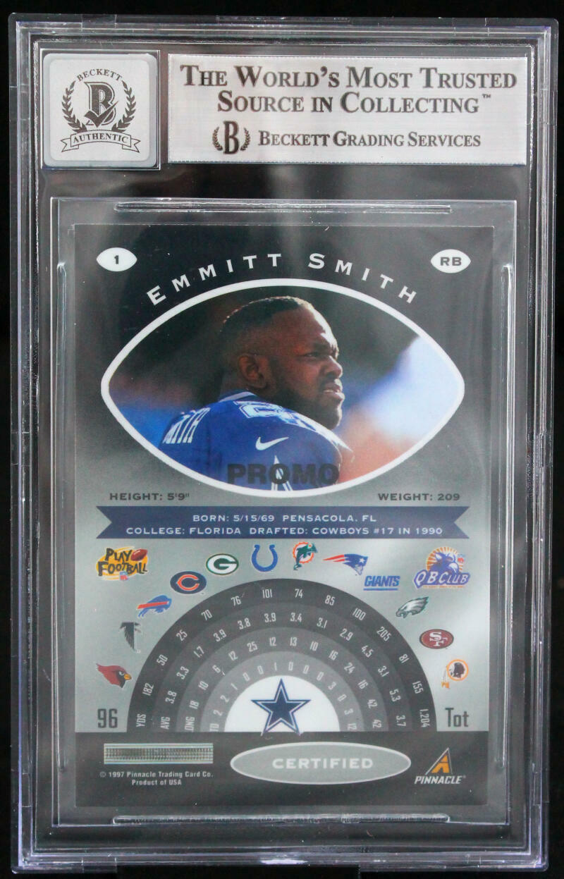 1997 Pinnacle Certified #1 Emmitt Smith Auto Dallas Cowboys BGS Autograph 10