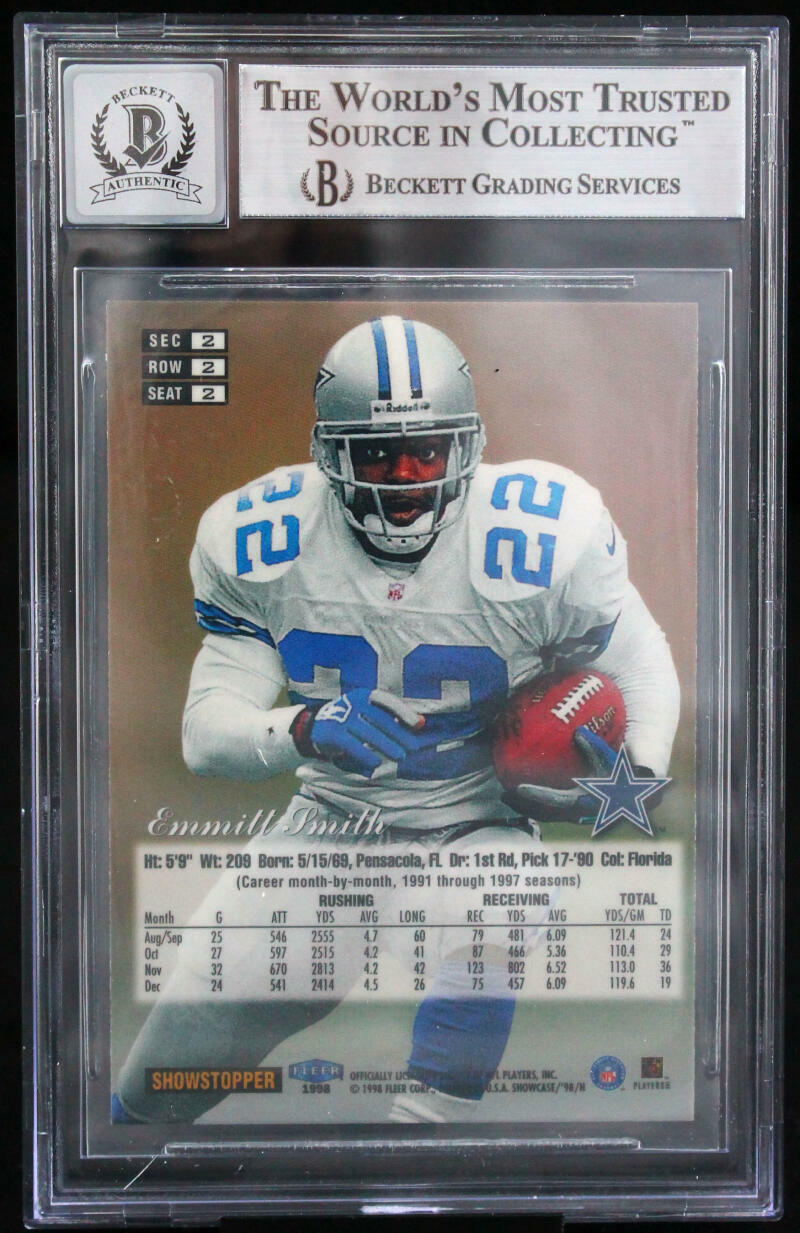 1998 Flair Showcase Row 2 #2 Emmitt Smith Auto Dallas Cowboys BGS Autograph 10