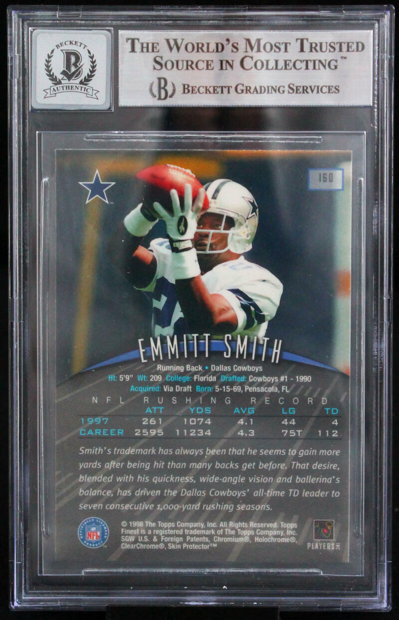 1998 Finest #160 Emmitt Smith Auto Dallas Cowboys BGS Autograph 10
