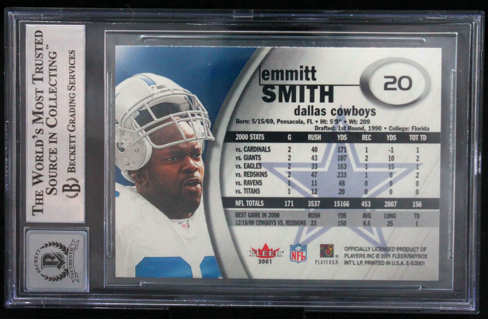 2001 E-X #20 Emmitt Smith Auto Dallas Cowboys BGS Autograph 10