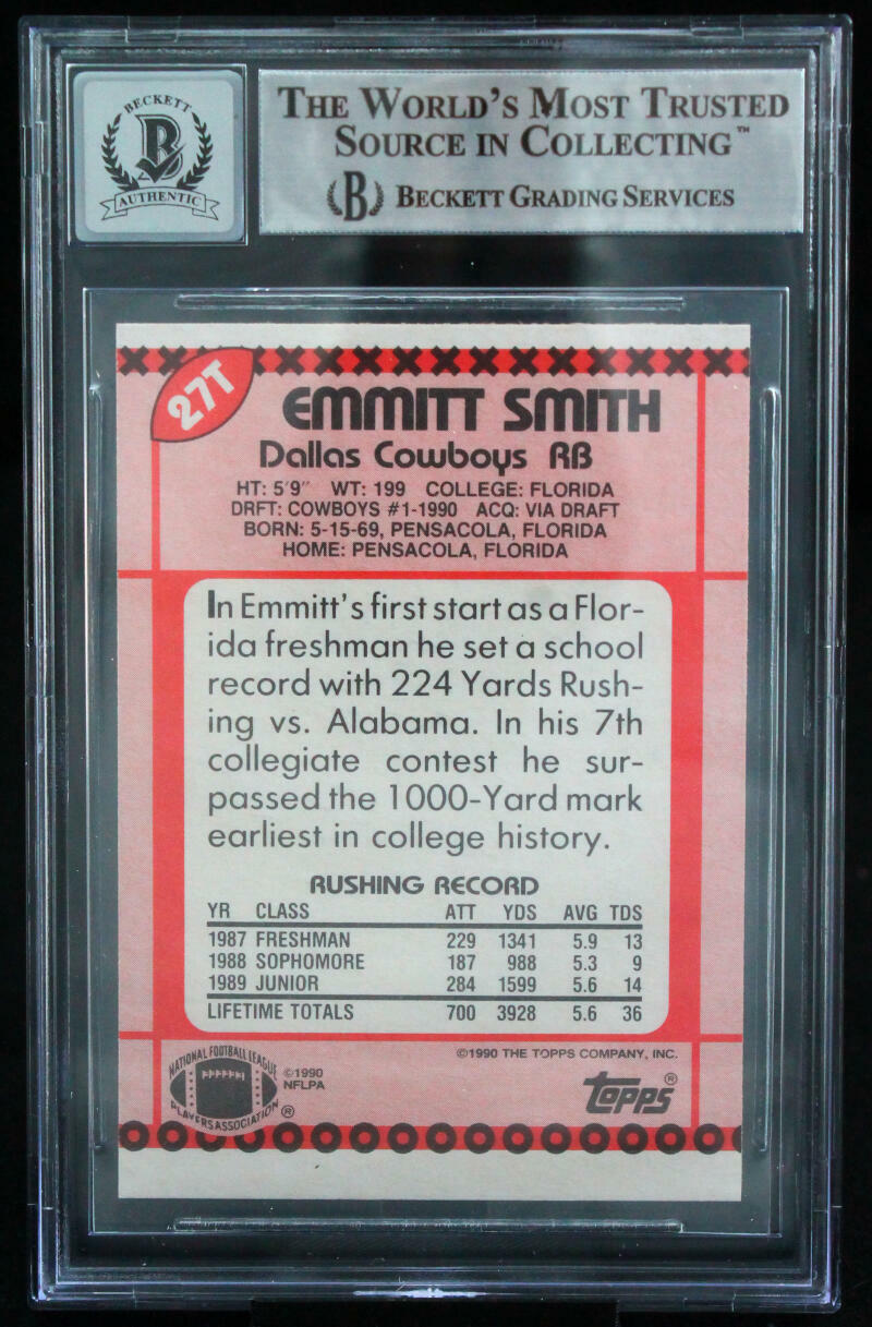 1990 Topps Traded #27T Emmitt Smith Auto Dallas Cowboys BGS Autograph 10