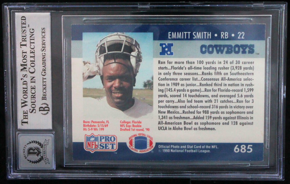 1990 Pro Set #685 Emmitt Smith Auto Dallas Cowboys BGS Autograph 10