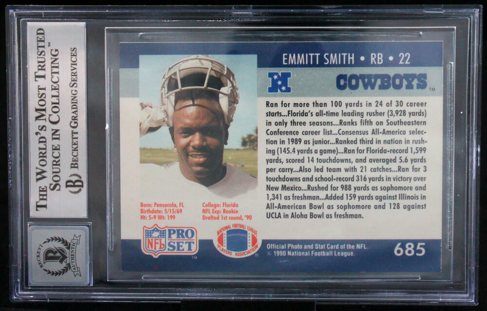 1990 Pro Set #685 Emmitt Smith Auto Dallas Cowboys BGS Autograph 10