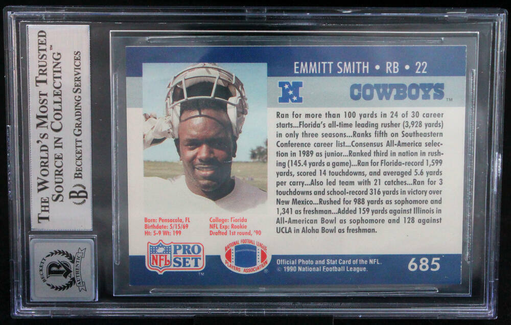 1990 Pro Set #685 Emmitt Smith Auto Dallas Cowboys BGS Autograph 10
