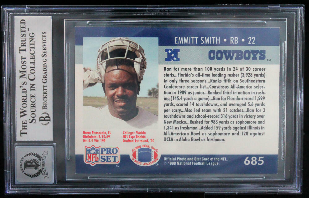 1990 Pro Set #685 Emmitt Smith Auto Dallas Cowboys BGS Autograph 10