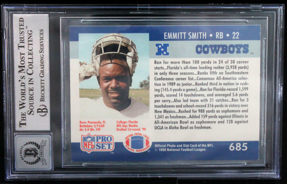 1990 Pro Set #685 Emmitt Smith Auto Dallas Cowboys BGS Autograph 10