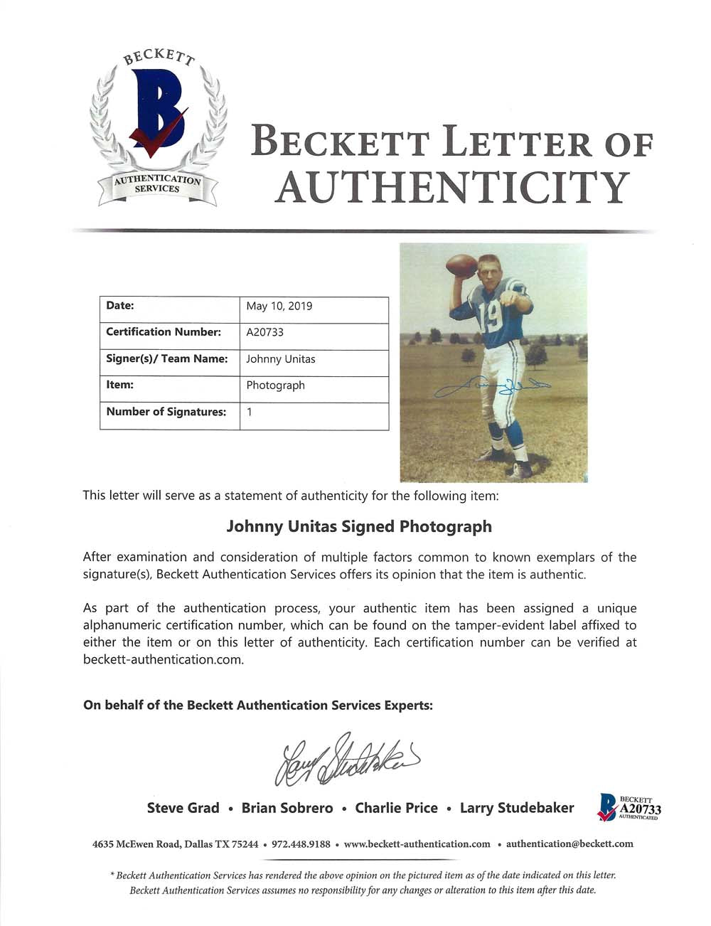 Johnny Unitas Autographed Framed 16x20 Photo Baltimore Colts Beckett BAS #A20733