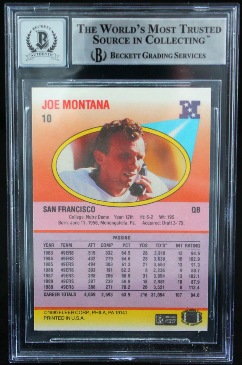 1990 Fleer #10A Joe Montana Auto San Francisco 49ers BGS Autograph 10
