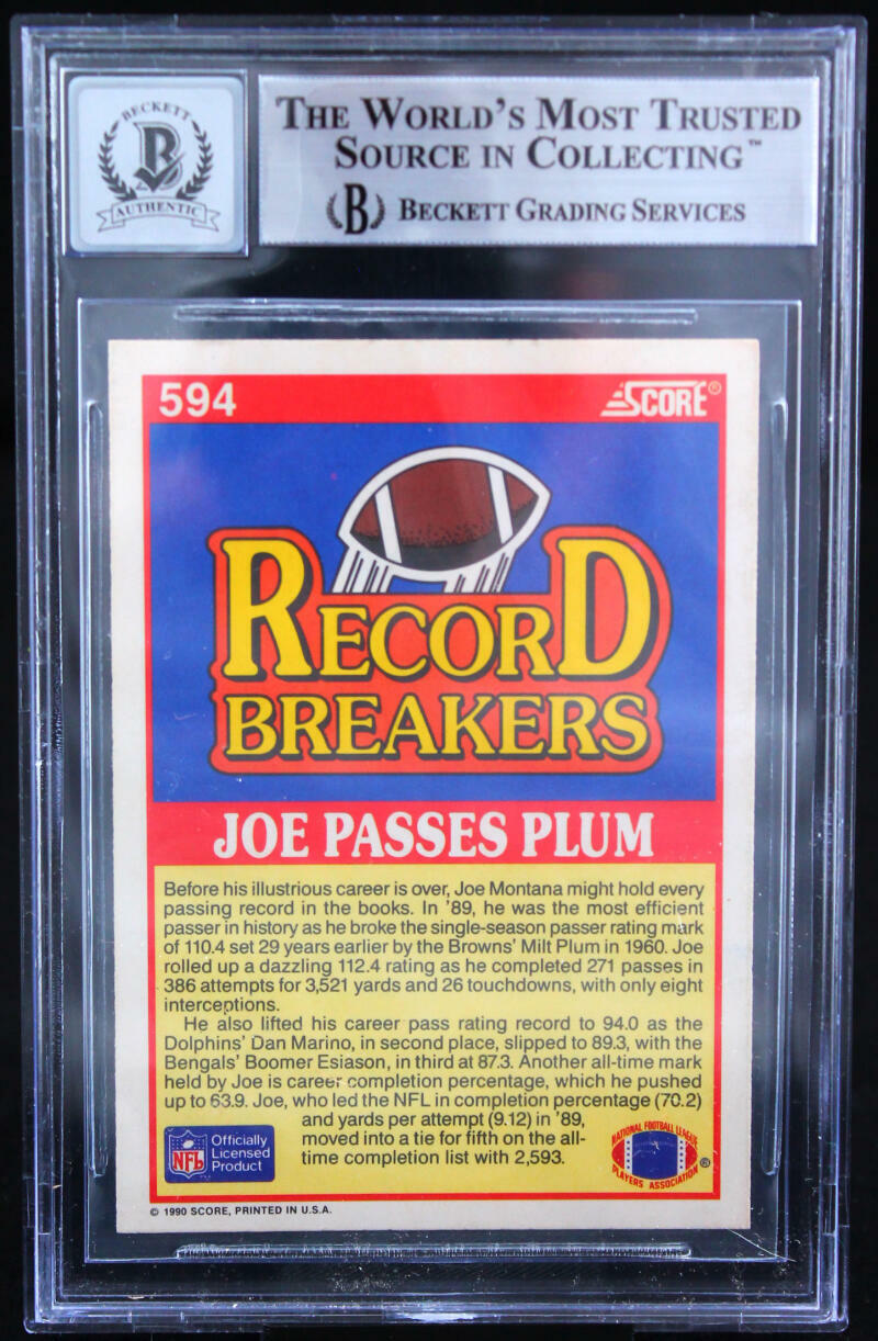 1990 Score #594 Joe Montana Auto San Francisco 49ers BGS Autograph 10