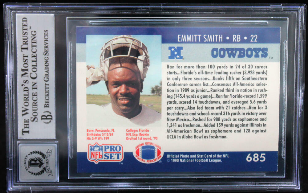 1990 Pro Set #685 Emmitt Smith Auto Dallas Cowboys BGS Autograph 10