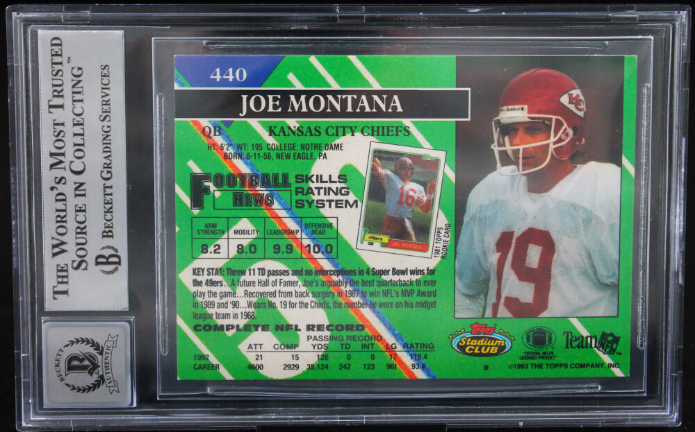 1993 Stadium Club #440 Joe Montana Auto Kansas City Chiefs BGS Autograph 10