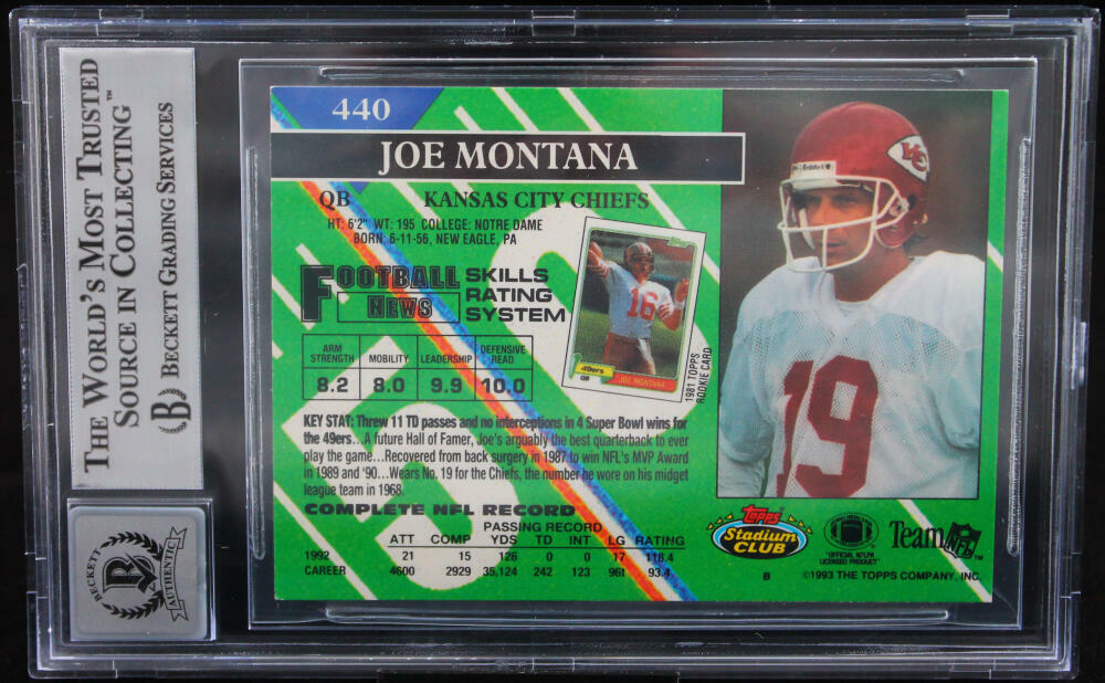 1993 Stadium Club #440 Joe Montana Auto Kansas City Chiefs BGS Autograph 10