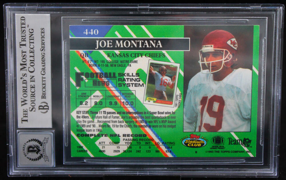 1993 Stadium Club #440 Joe Montana Auto Kansas City Chiefs BGS Autograph 10