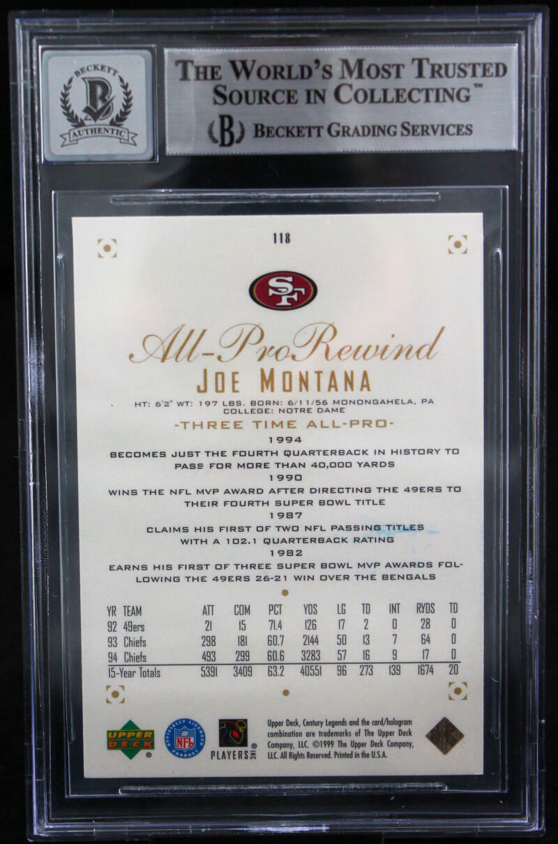 1999 UD Century Legends #118 Joe Montana Auto 49ers BGS Autograph 10