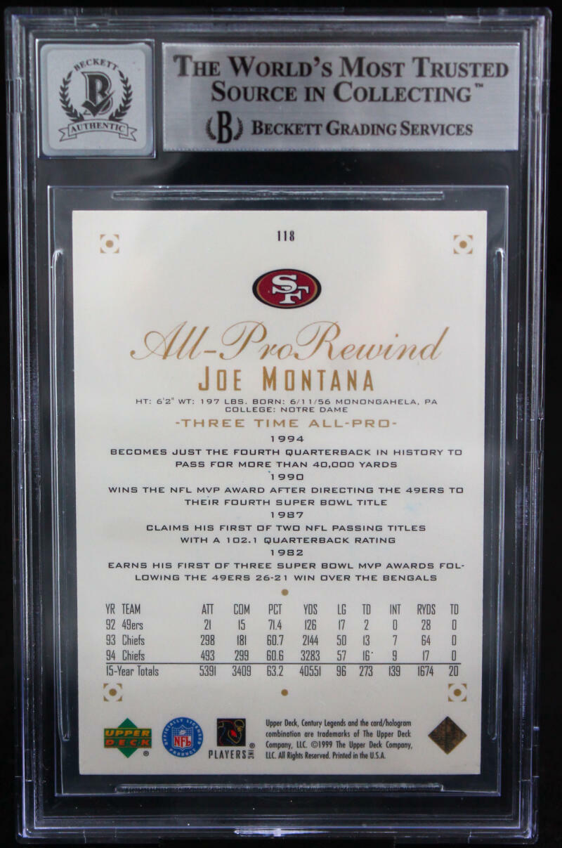 1999 UD Century Legends #118 Joe Montana Auto 49ers BGS Autograph 10