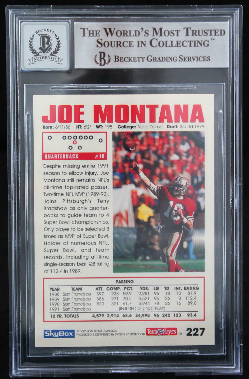 1992 Skybox Impact #227 Joe Montana Auto San Francisco 49ers BGS Autograph 10
