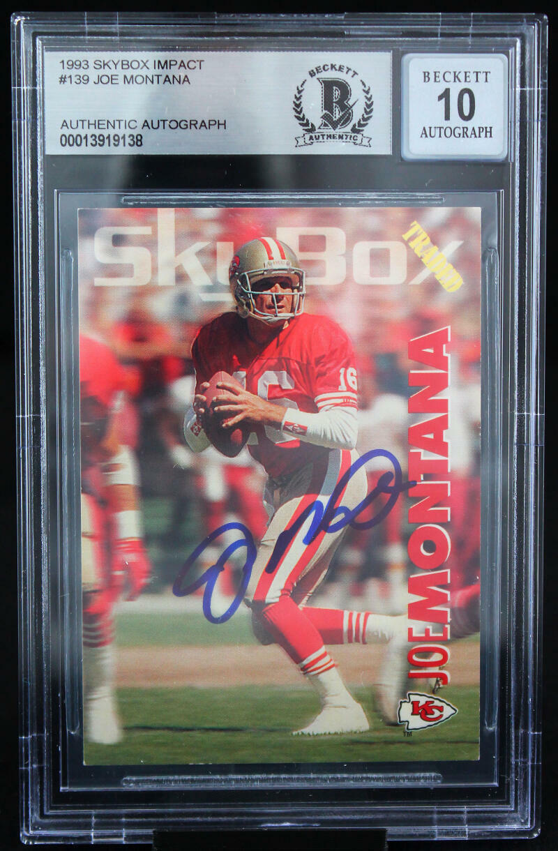 1993 Skybox Impact #139 Joe Montana Auto Kansas City Chiefs BGS Autograph 10