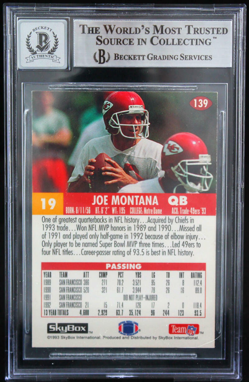 1993 Skybox Impact #139 Joe Montana Auto Kansas City Chiefs BGS Autograph 10