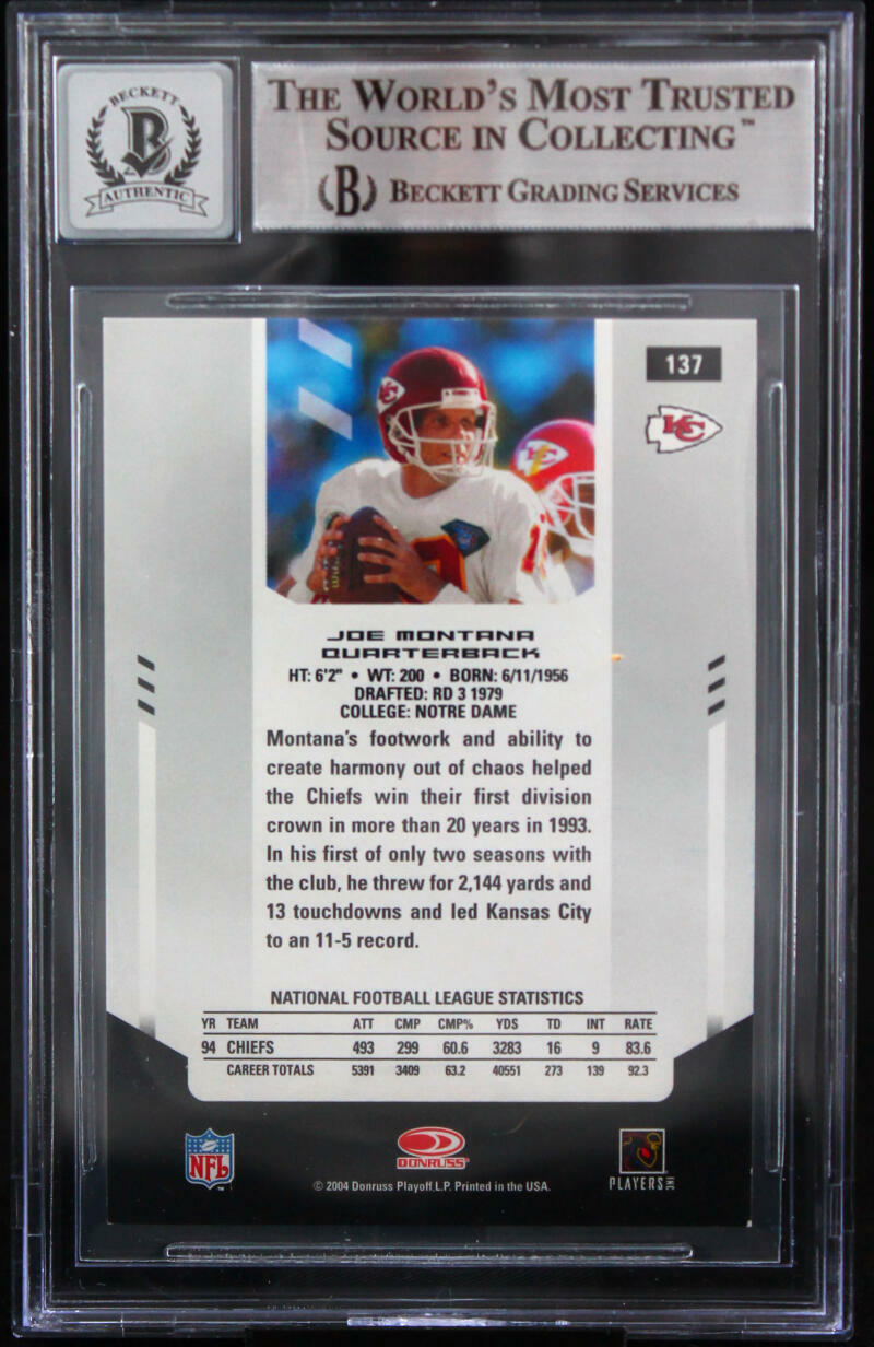 2004 Leaf Certified Materials #137 Joe Montana Auto Chiefs BGS Autograph 10