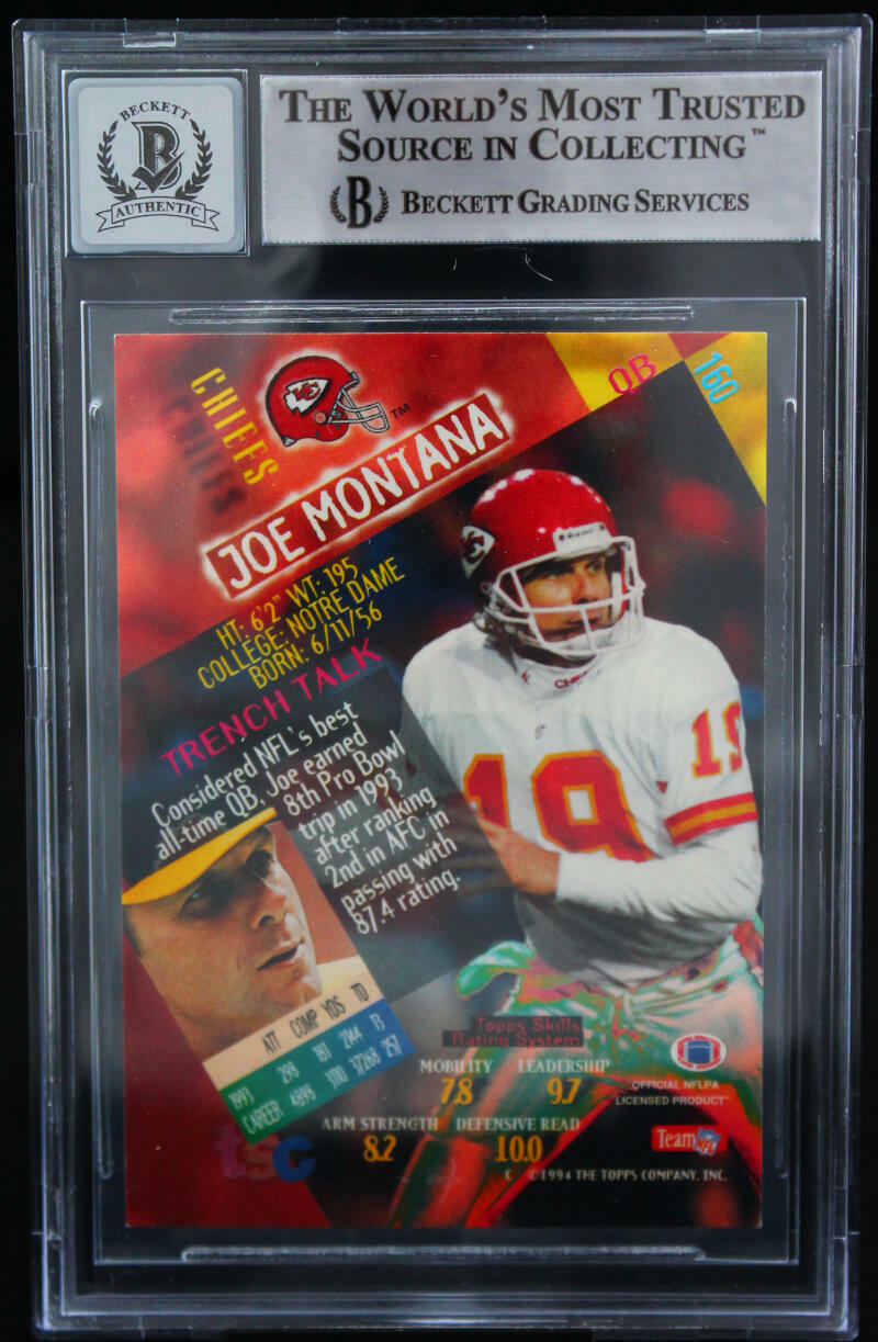 1994 Stadium Club #160 Joe Montana Auto Kansas City Chiefs BGS Autograph 10