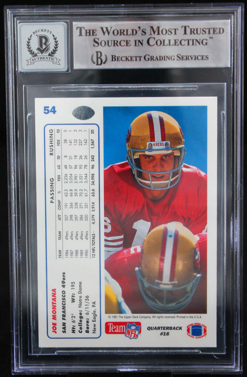 1991 Upper Deck #54 Joe Montana Auto San Francisco 49ers BGS Autograph 10