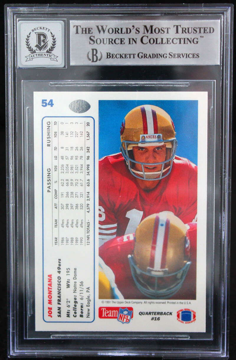 1991 Upper Deck #54 Joe Montana Auto San Francisco 49ers BGS Autograph 10