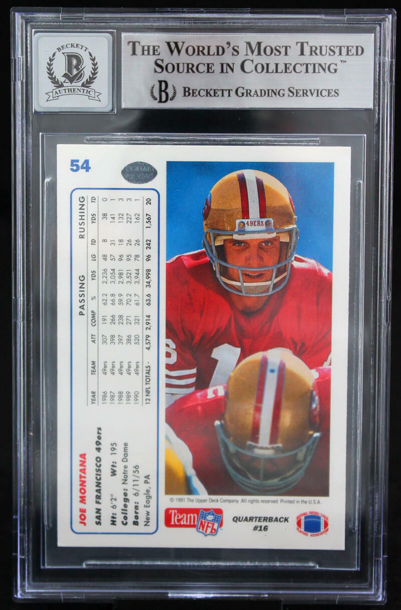 1991 Upper Deck #54 Joe Montana Auto San Francisco 49ers BGS Autograph 10