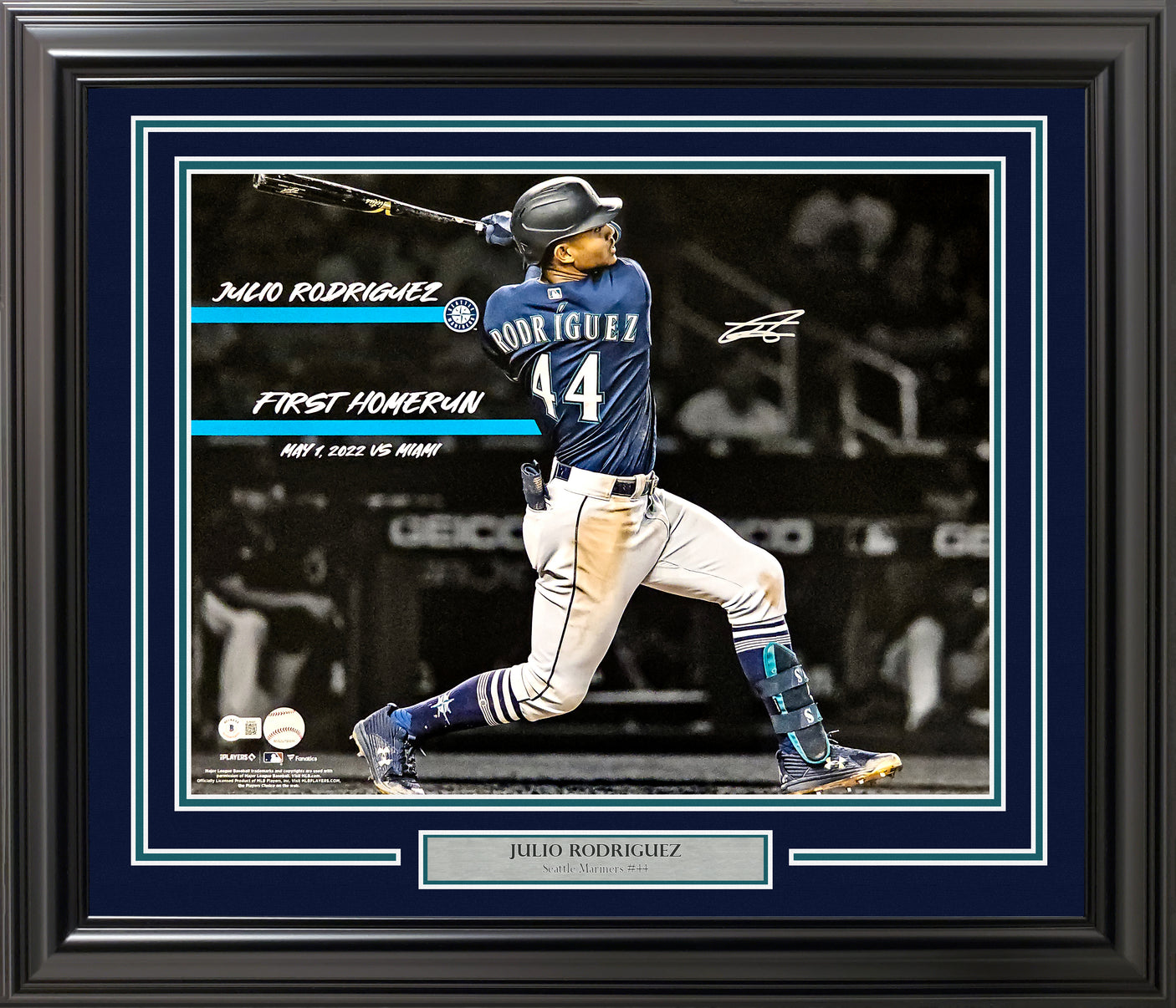Julio Rodriguez Autographed Framed 16x20 Photo Seattle Mariners 1st HR Beckett BAS QR Stock #221128