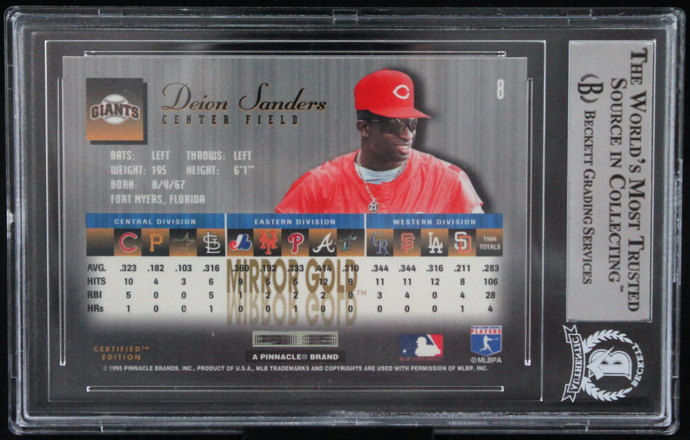 1995 Select Certified Mirror Gold #8 Deion Sanders Cincinnati Reds Beckett Auth