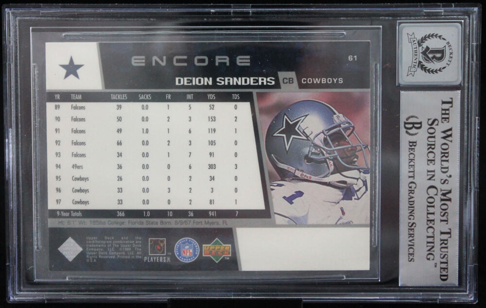 1998 Upper Deck Encore #61 Deion Sanders Dallas Cowboys BGS Autograph 10