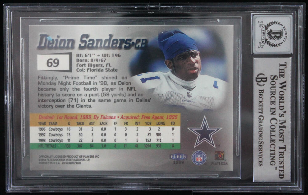 1999 Fleer Mystique #69 Deion Sanders Dallas Cowboys BGS Autograph 10