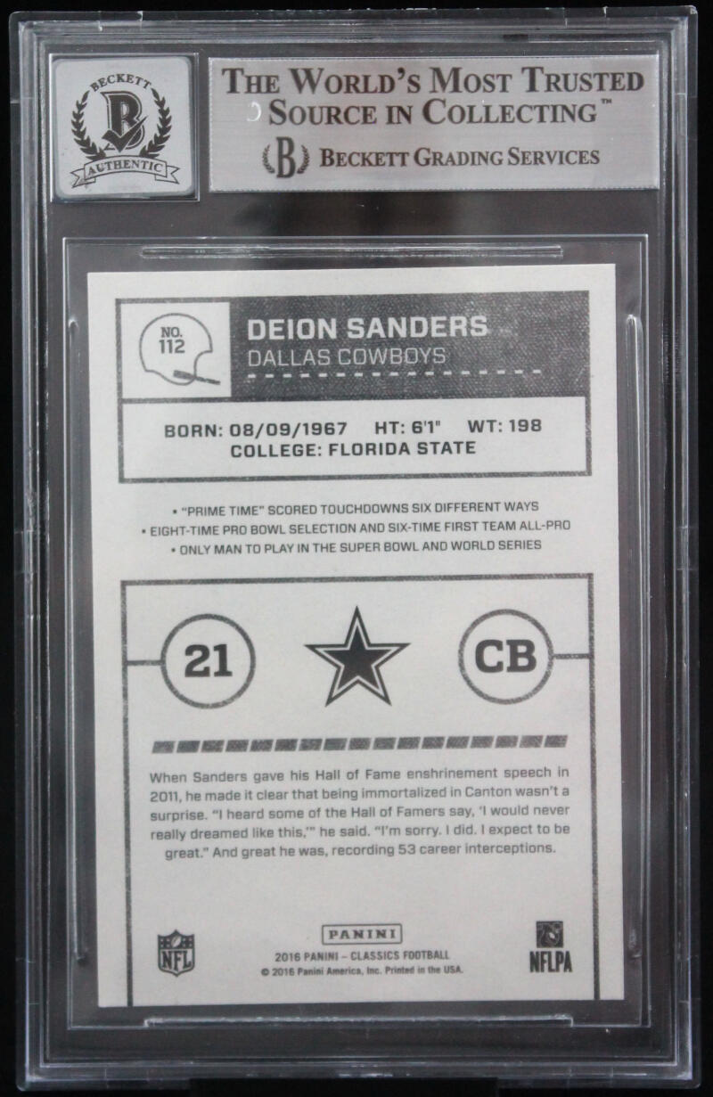 2016 Classics #112A Deion Sanders Dallas Cowboys BGS Autograph 10