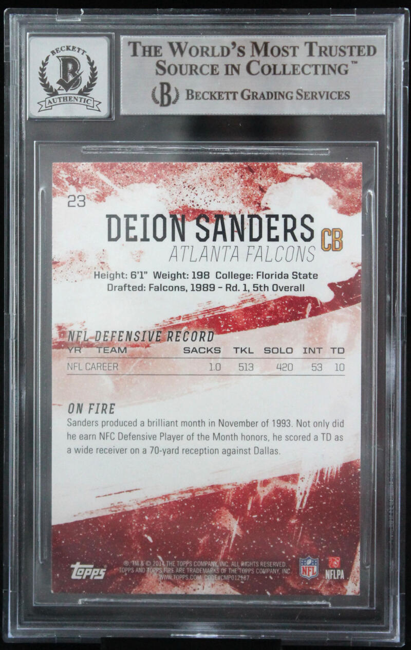 2014 Topps Fire #23 Deion Sanders Dallas Cowboys BGS Autograph 10