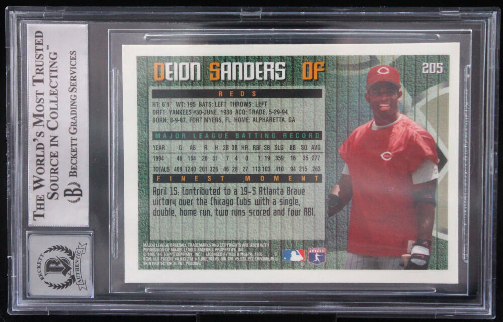 1995 Finest #205 Deion Sanders Cincinnati Reds BGS Autograph 10