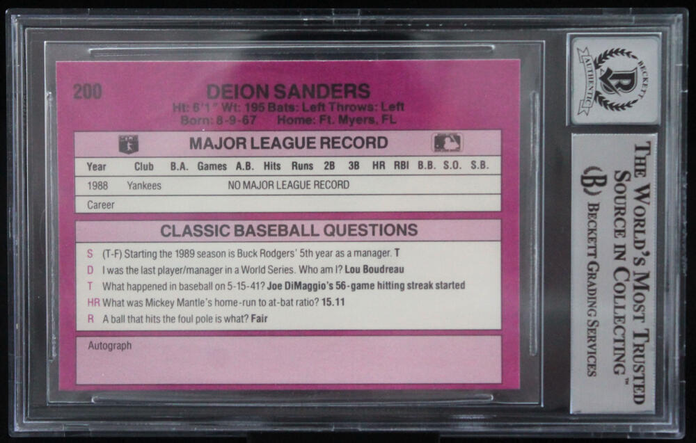 1989 Classic Travel Purple #200 Deion Sanders New York Yankees BGS Autograph 10