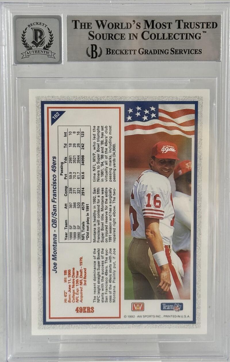 1992 All World #182 Joe Montana Auto San Francisco 49ers BGS Autograph 10