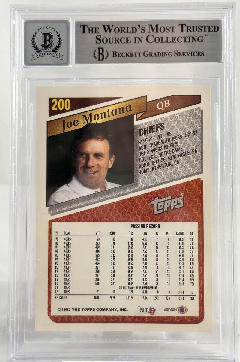 1993 Topps #200 Joe Montana Auto Kansas City Chiefs BGS Autograph 10
