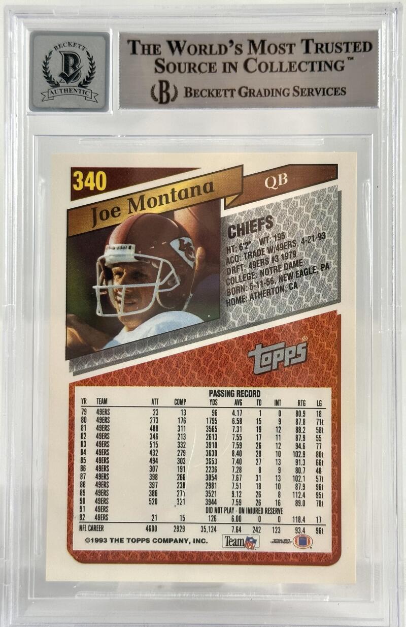 1993 Topps #340 Joe Montana Auto Kansas City Chiefs BGS Autograph 10
