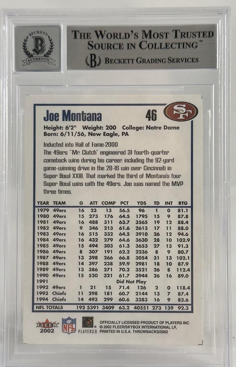 2002 Fleer Throwbacks #46 Joe Montana Auto SF 49ers BGS Autograph 10