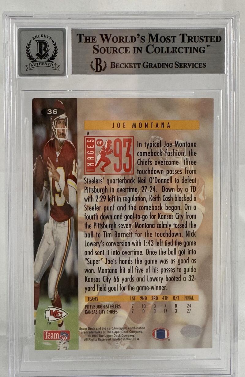 1994 Collector's Choice #36 Joe Montana Auto Kansas City Chiefs BGS Autograph 10
