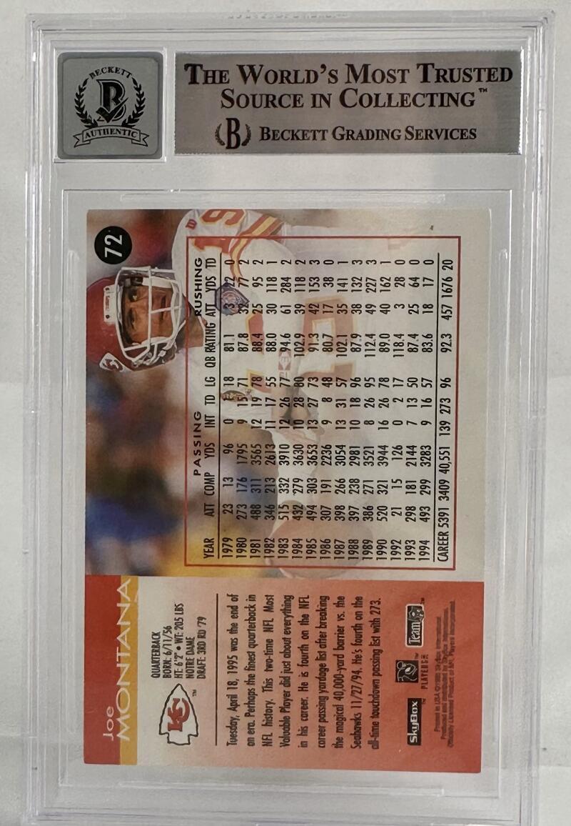 1995 Skybox Impact #72 Joe Montana Auto Kansas City Chiefs BGS Autograph 10