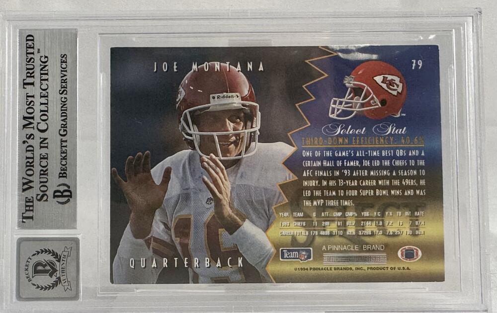 1994 Select #79 Joe Montana Auto Kansas City Chiefs BGS Autograph 10