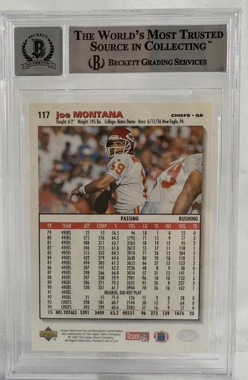 1995 Collector's Choice #117 Joe Montana Auto Kansas Chiefs BGS Autograph 10