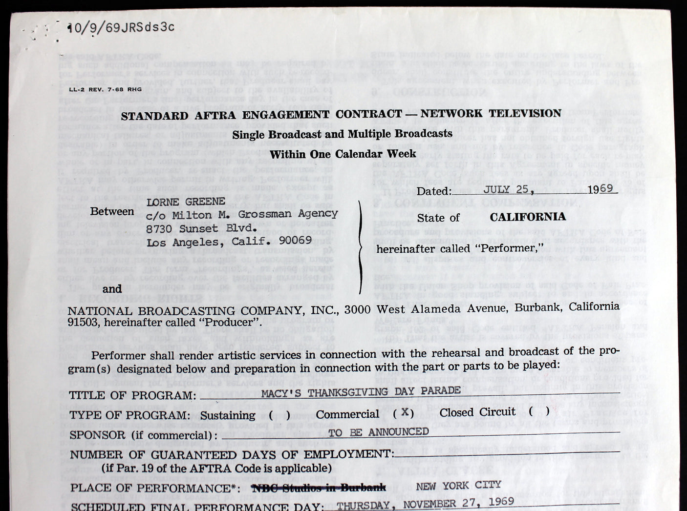 Lorne Greene Bonanza Signed Macy's Thanksgiving Day Parade Contract PSA #C68129