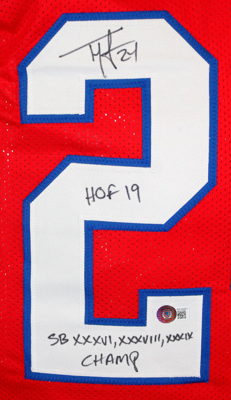 Ty Law Autographed Red Pro Style Jersey w/HOF, SB Champs-Beckett W Hologram